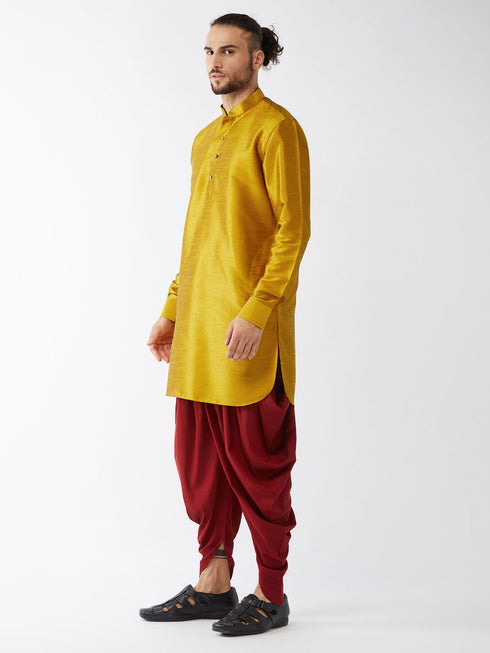 Vastramay Men's Mustard Curved Kurta Dhoti Set